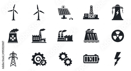 Energy Source Icons - Wind Turbines, Solar Panels, Power Plants, and More.