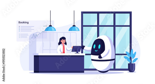 A friendly robot interacts with a receptionist at a modern hotel or office reception desk, showcasing futuristic customer service.