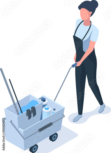 Professional cleaning service woman pushing supply cart
