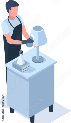 Person cleaning lamp with spray bottle in home