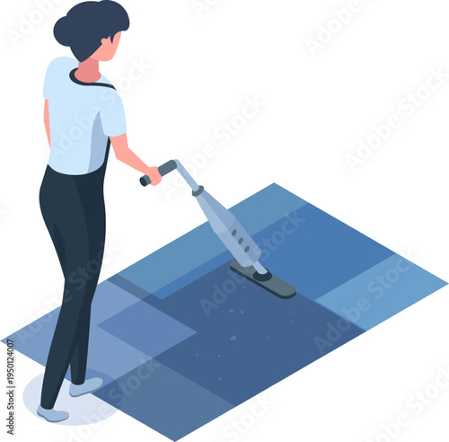 Woman vacuuming floor performing house cleaning duties