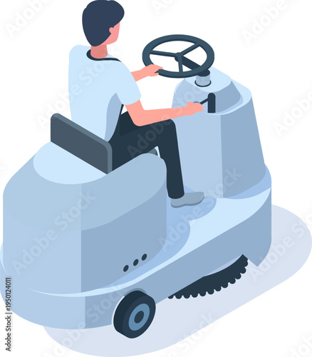 Worker operating ride on floor cleaning machine