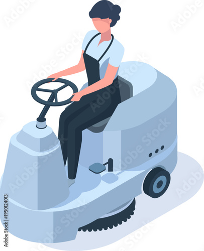 Woman driving industrial floor cleaning scrubber machine