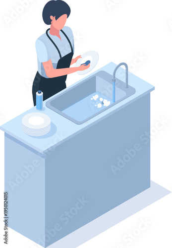 Woman washing dishes in kitchen sink