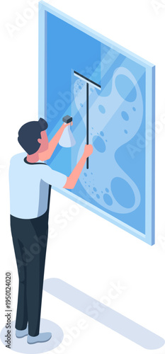 Man cleaning window with squeegee and spray bottle