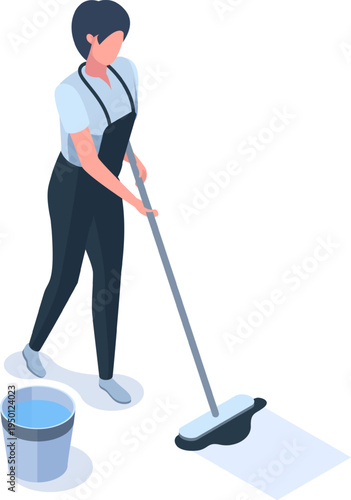 Woman mopping floor cleaning service isometric illustration