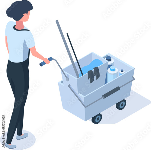 Woman pushing cleaning cart with supplies working