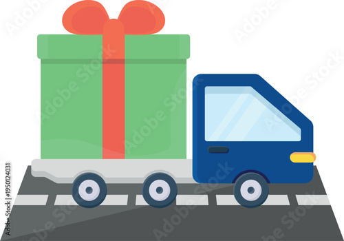 A truck driving on the road with a large gift box in its cargo area, symbolizing delivery or celebration.