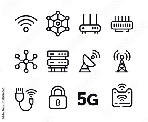Network technology icons including wifi server and 5G clean connection.