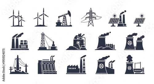 Silhouetted Energy Production and Industrial Facilities Icons.