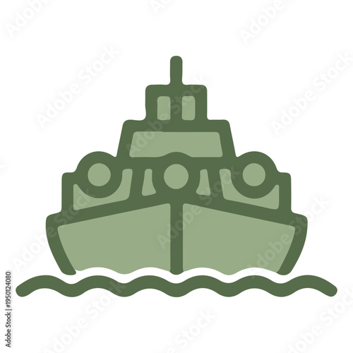 A green ship floating on water