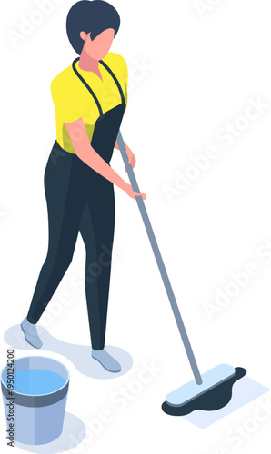 Woman mopping floor with bucket and cleaning equipment