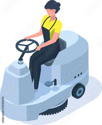 Woman driving an industrial floor scrubber machine