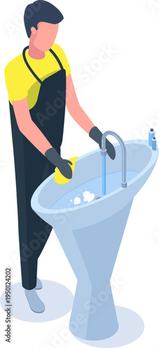 Person cleaning sink with sponge and running water