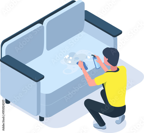 Person cleaning sofa upholstery with spray bottle and cloth