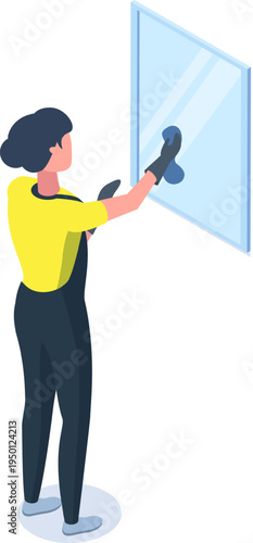 Worker cleaning large window glass with cloth