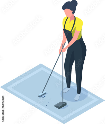 Woman sweeping dust and dirt from a rug into a dustpan