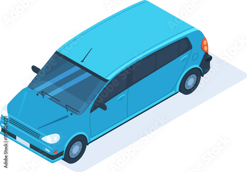 Blue isometric hatchback car driving transport concept
