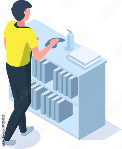 Man cleaning cabinet surface with cloth and spray