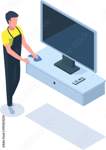 Person cleaning television stand surface with cloth
