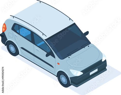 Isometric compact hatchback car illustrating urban transport