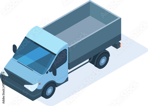 Isometric illustration showing light blue dump truck