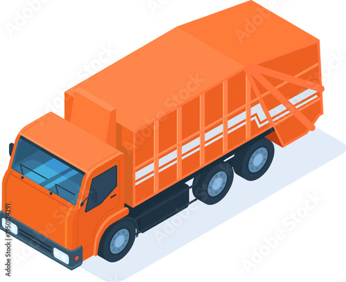 Orange garbage truck collecting urban waste for recycling