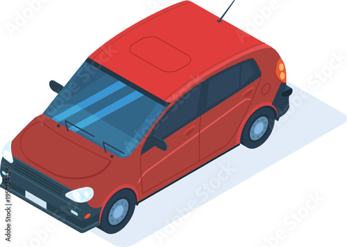 Red car isometric view a modern hatchback vehicle