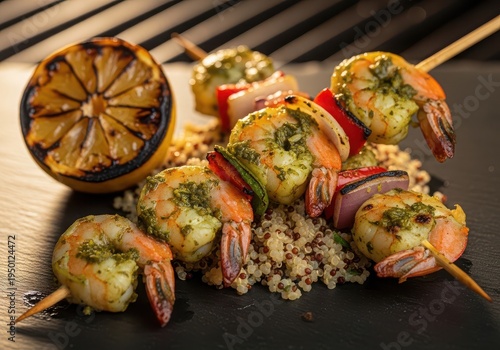 Grilled shrimp skewers with quinoa and pesto on a black plate with lemon