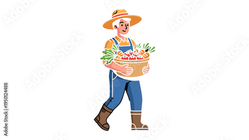 A Day in the Life of a Farmer: A depiction of a farmer wearing overalls and a straw hat carries a full basket of fresh produce.
