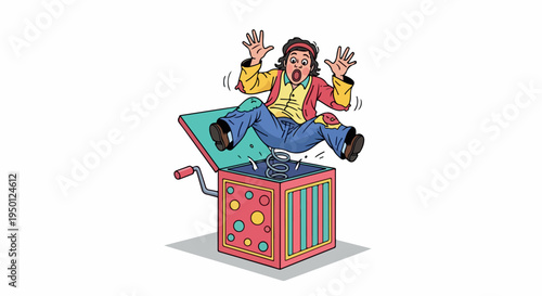 A cartoon man emerges from a colorful jack-in-the-box with his hands raised in surprise against a plain white background.