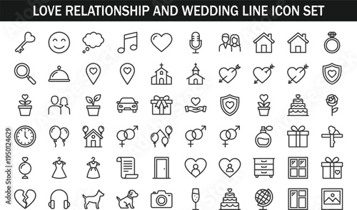 Love relationship and wedding line icon set with heart couple ring gift romance marriage celebration outline vector collection