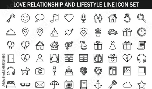 Love relationship and lifestyle line icon set with heart couple wedding gift home romance celebration outline vector collection