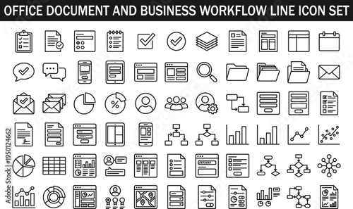 Office document and business workflow line icon set with file checklist folder report dashboard outline vector collection