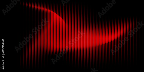 Abstract black background with glowing vertical red ribbed lines, creating a fractal glass effect, digital noise, or glitch. Editable vector illustration.