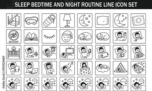Sleep bedtime and night routine line icon set with bed pillow moon dream rest insomnia nap blanket sleeping person outline vector collection