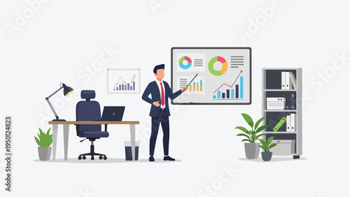 A businessman in a suit presents a graph on a whiteboard with various charts in a modern office setting with a desk, chair, and plants.