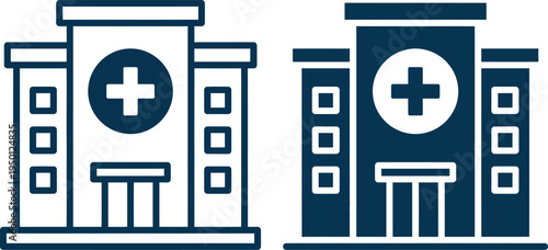 Medical building icons with cross symbols on facades