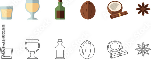 Spices and drink ingredients collection with nutmeg coconut cinnamon star anise and glass bottle flat vector illustration set