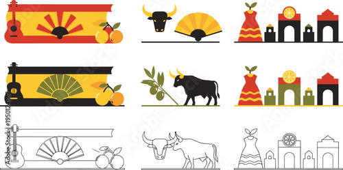 Spain culture icons with Spanish flag bull guitar flamenco fan olives and architecture flat vector illustration set