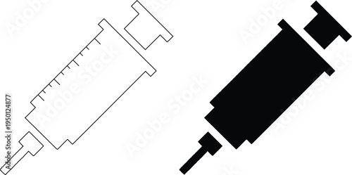 Medical injection syringe icon set in line art and black silhouette vector style