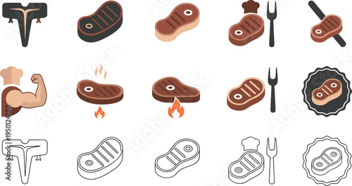 Grilled steak meat icons with barbecue cooking beef steak and grill food flat vector illustration set