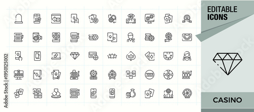 Set of Casino line icon. Pack of card, jackpot, gambling, slot, poker. Thin line icons set. Card line icon set. Editable stroke. Vector collection.