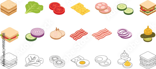 Sandwich ingredients collection with bread lettuce tomato cheese bacon onion cucumber and egg flat vector food illustration set
