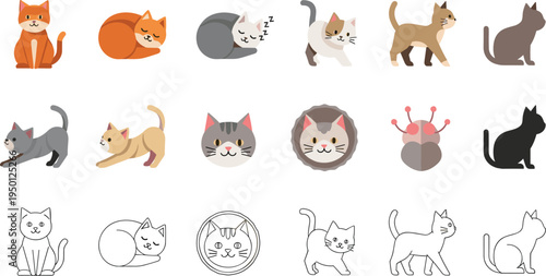 Cute cat character collection with kittens sleeping walking sitting and playing cartoon pet flat vector illustration set