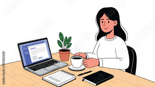 A young woman sits at a desk with a laptop, notebook, and potted plant while enjoying a cup of coffee in a relaxed setting.