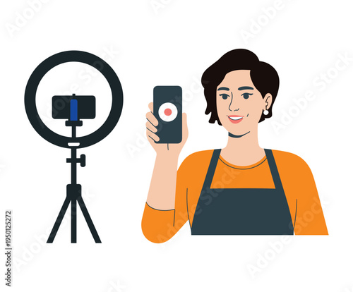 Content creator woman holding smartphone near ring light tripod clean illustration.