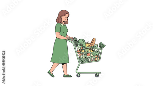 A woman in a green dress pushing a shopping cart filled with various vegetables and fruits on a white background.