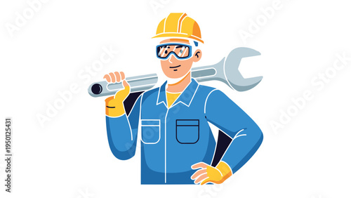 Handyman's Resolve: A skilled handyman, geared in a protective helmet, safety glasses, and sturdy gloves, confidently carries a large wrench, poised to tackle any mechanical challenge.
