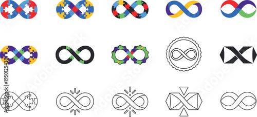 Infinity symbol collection with puzzle pieces colorful shapes abstract endless loop icons flat vector illustration set